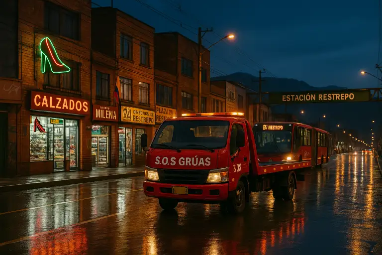 Grúa en Antonio Nariño atendiendo vehículo en el Restrepo, Bogotá